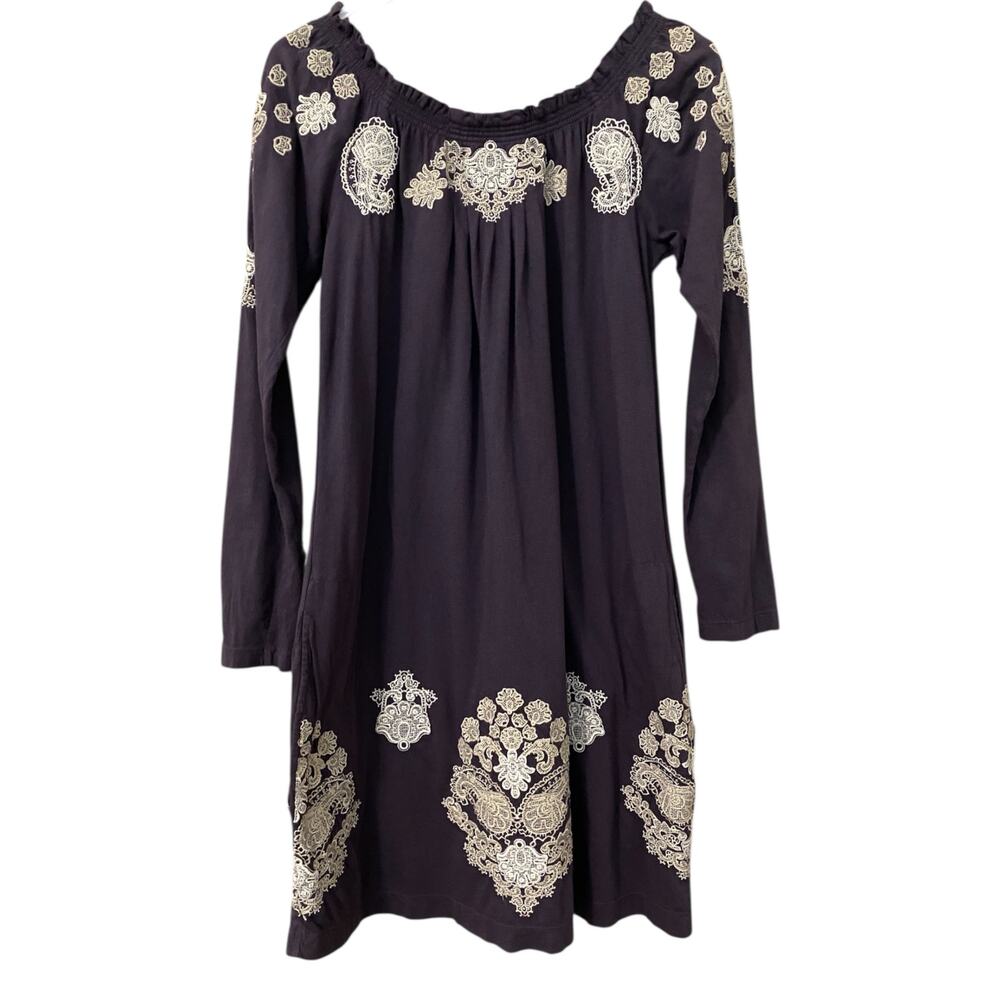 Johnny Was Embroidered Mini Dress Tunic Top Small Purple White Cotton Boho